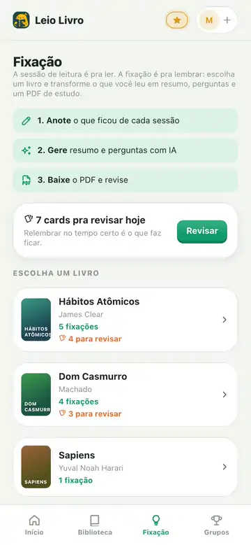Navegação pelo app: fixação, resumo, perguntas e PDF