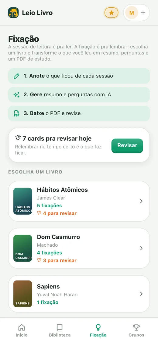 Tela da fixação: escolha um livro